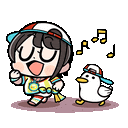 a cartoon girl is standing next to a duck and singing .