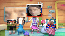 a girl in a doctor 's coat is surrounded by stuffed animals and a man 's face