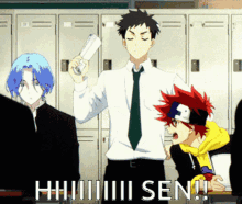 a group of anime characters are standing in front of lockers with the words sen written on the bottom