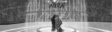 a black and white photo of a person standing in a circle with aura written on it