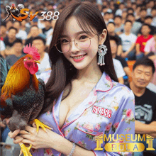 a woman holding a rooster with sv388 on her sleeve