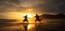 two samurai fighting on the beach at sunset