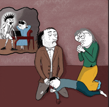 a cartoon drawing of a man kneeling down with a woman holding his head