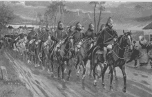 a black and white painting of soldiers on horses