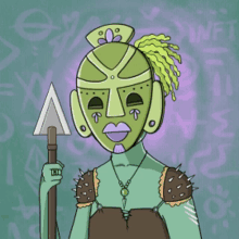 a cartoon of a woman wearing a green mask and holding a spear