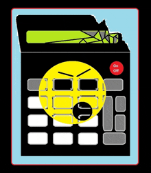 an illustration of a broken calculator with the on and off buttons visible