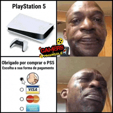 a man is crying while looking at a picture of a playstation 5