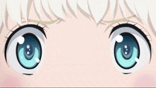 a close up of a girl 's eyes with white hair and blue eyes