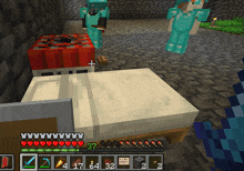 a screenshot of a minecraft game with a bed and a sword