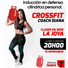 an advertisement for crossfit coach diana shows a woman holding a propane cylinder