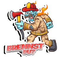 a cartoon illustration of a fireman holding an axe and the words brennst du