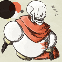 a drawing of a skeleton wearing a red scarf with a circle in the background