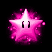 a pink star with two eyes and a black mouth on a black background