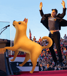 a man wearing a shirt that says " donald mars " stands next to a dog