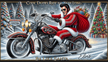 elvis presley is riding a motorcycle in a christmas illustration