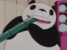 a panda bear is playing a flute in front of a pink cabinet .