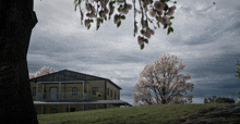 a house with a porch and a tree with flowers in front of it