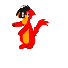 a red and orange cartoon character with blue paws