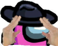 a person is holding a black hat over a pink among us character