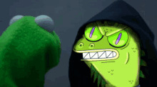 a green cartoon character with a black hood on