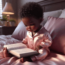 a little girl in a pink pajamas is reading a book on a bed