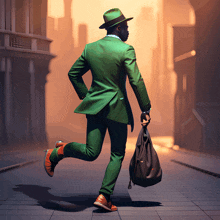 a man in a green suit and hat is running with a bag