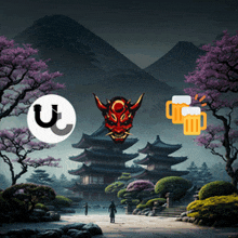 a man stands in front of a temple with a red demon mask and a beer mug in the background