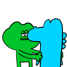 a green frog is hugging a blue dinosaur