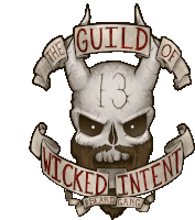 a logo for the guild of wicked intent with a skull