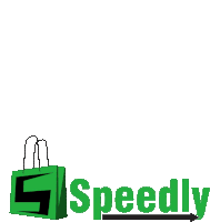 a logo for speedly with a green bag and an arrow