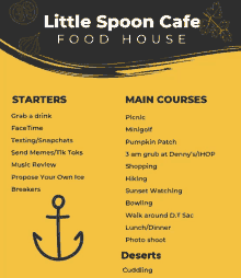 a menu for the little spoon cafe food house shows the starters and main courses