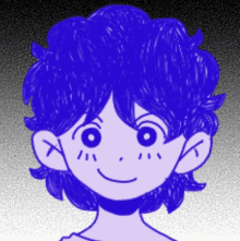 a drawing of a person with blue hair and a smiling face