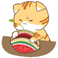 a cat is eating a slice of watermelon with a plant growing out of it