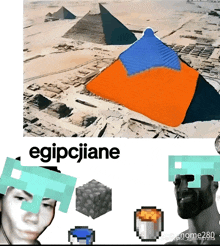 a picture of the pyramids next to a picture of a man with a minecraft hat on his head