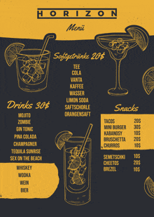 a menu for horizon shows drinks and snacks for 30 dollars