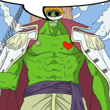 a cartoon drawing of a green hulk with a heart on his chest