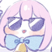 a drawing of a girl with pink hair and sunglasses and a bow tie .