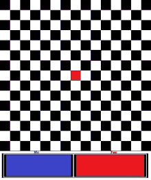 a black and white checkered pattern with a red square in the middle