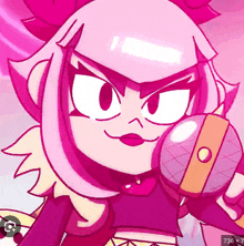 a close up of a cartoon character with a microphone in her hand