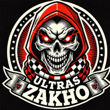 a logo for ultras zakho with a skull wearing a red hood