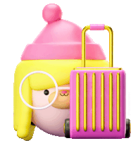 a cartoon character wearing a pink hat and glasses is next to a pink suitcase