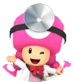 a pink toad is wearing a doctor 's hat and holding a cd .