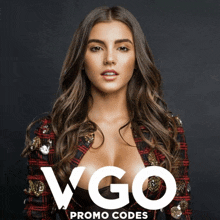 a woman in a red and black plaid jacket with the word vgo promo codes