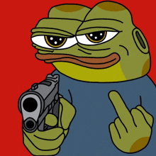 a cartoon frog is pointing a gun at the camera and giving the middle finger