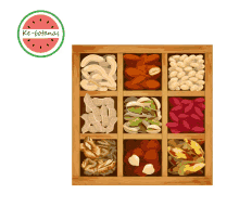 a wooden box filled with nuts and a watermelon sticker