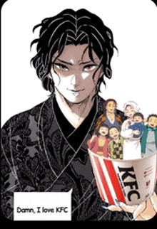 a man in a kimono is holding a kfc cup