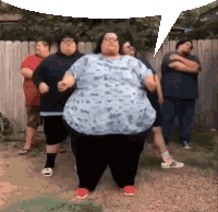 a group of fat people are standing in front of a fence with a speech bubble above them