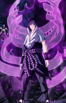 a purple and black anime character stands in front of a purple swirl