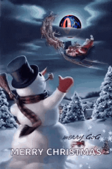 a merry christmas greeting card with a snowman