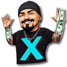 a cartoon of a man with a blue x on his shirt holding a dollar bill